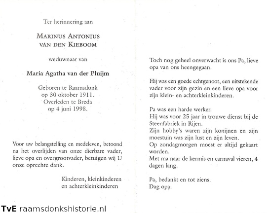 Marinus Antonius van den Kieboom- Maria Agatha van der Pluijm